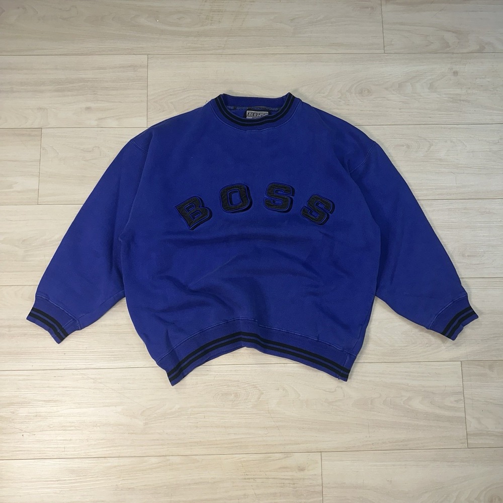 VINTAGE 90s Boss Women's XL Embroidered Logo Navy Blue Faded Pullover‎ Sweater